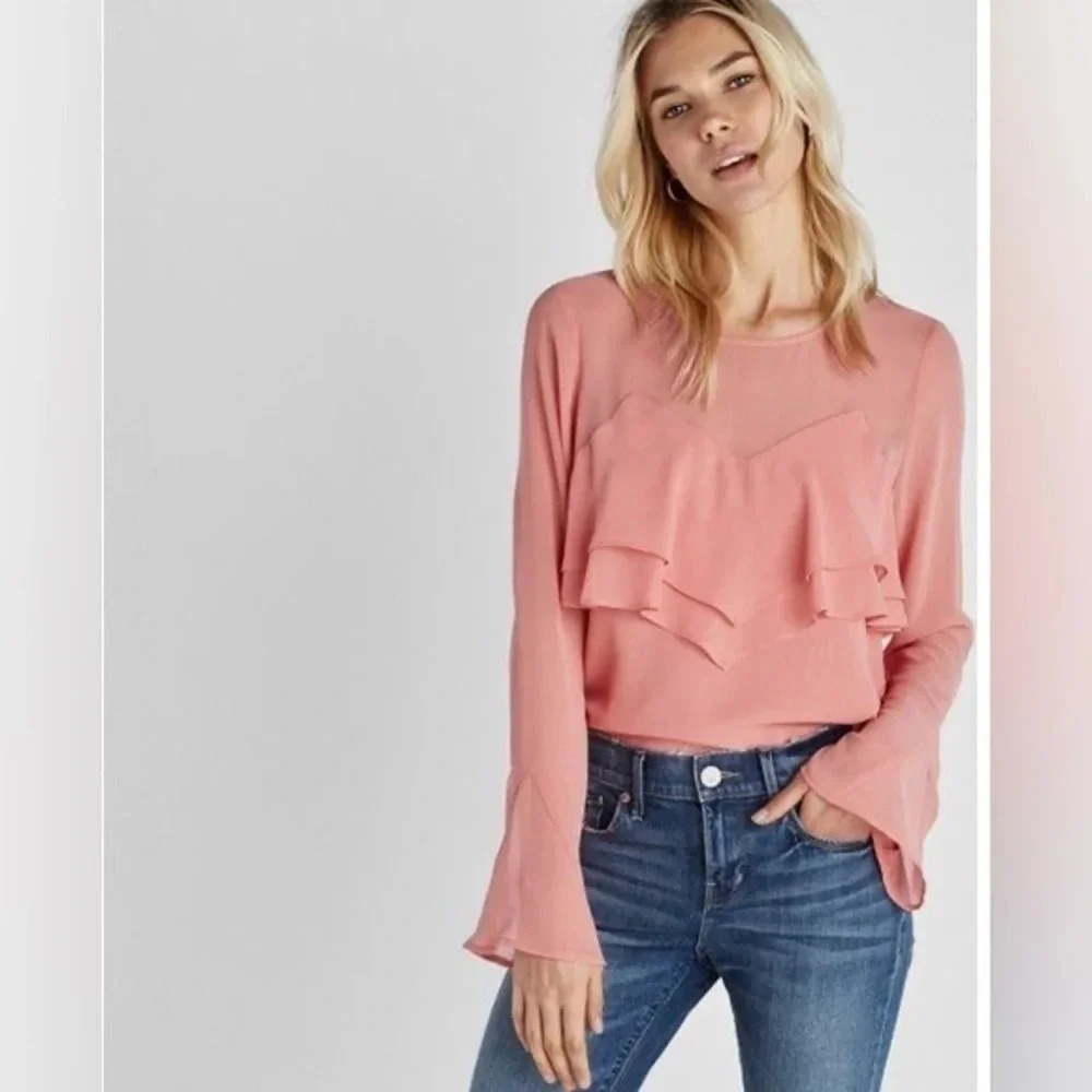 Express | Long Sleeve Pink Peachy Ruffle Sweetheart Neckline Blouse Size S Y2K